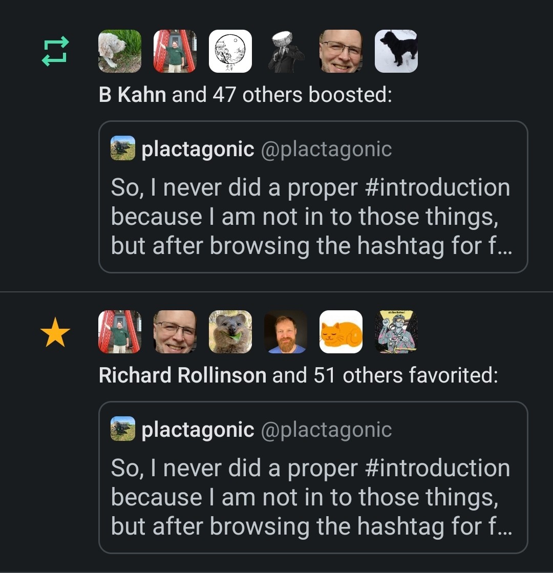 App screenshot of my notifications. Lots of people who boosted (48) or favored (52) my introduction post.