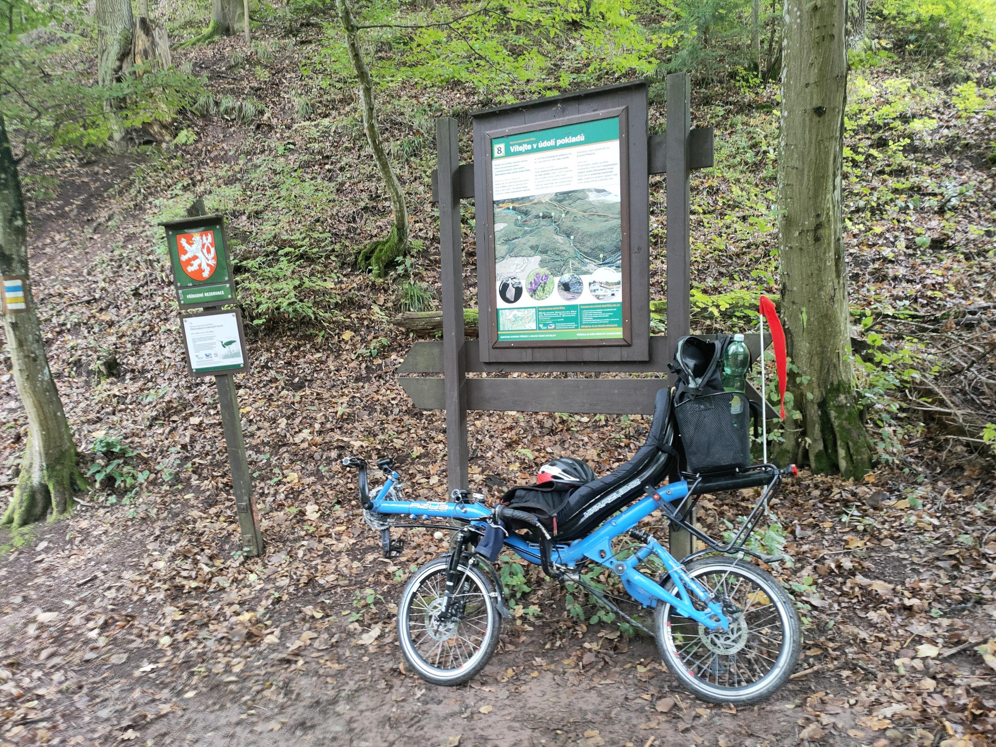 Recumbent bike in front of information sign in the forest.