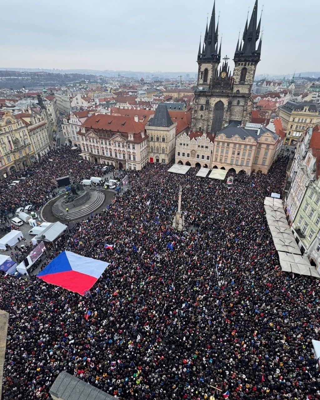 Aerial view of the demonstration on the Old Town square in Peague in support of Czech president Petr Pavel, who blocked nomination of coalition minister of Environment, nominated by extremely controversial minority party.