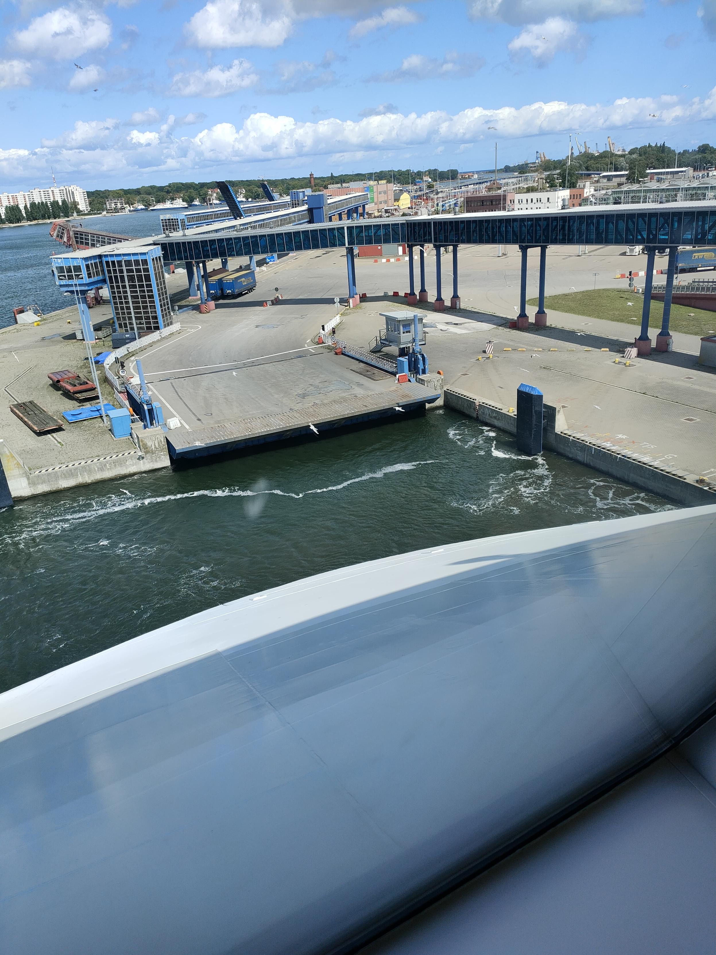 View from rear ferry window on the loading area after disembarking.