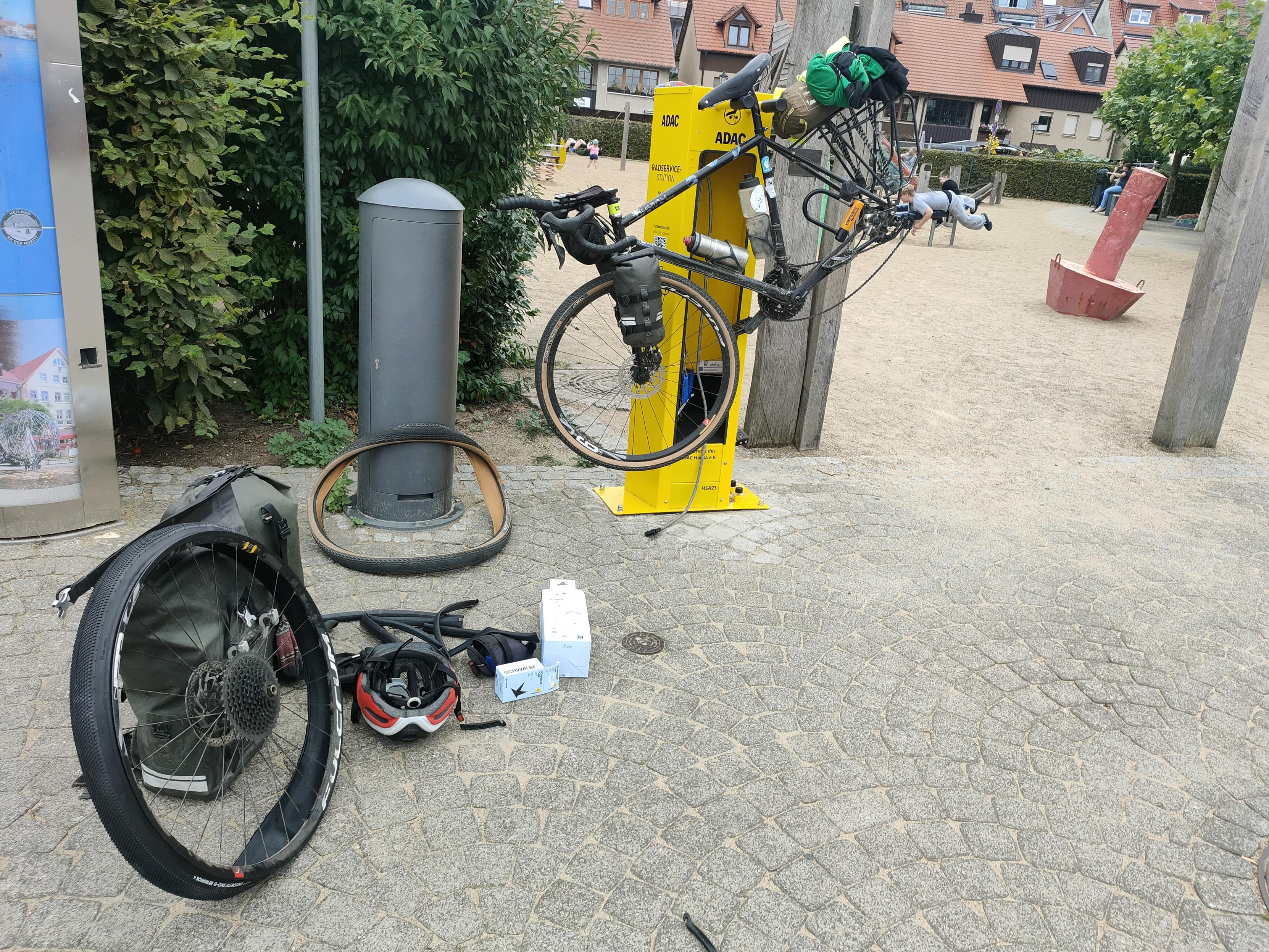 My bike on roadside repair station when changing the tire.
